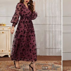 COPY - Allover Floral Print Bishop Sleeve Wrap Belted Mesh Dress